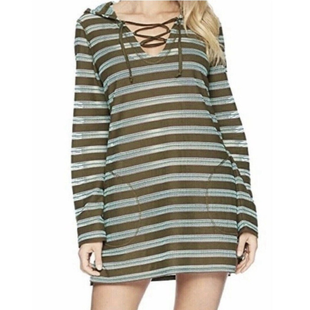 PrAna Cover Up Women's Size M Green Striped Long Sleeve "No Lace" Hooded‎ Tunic